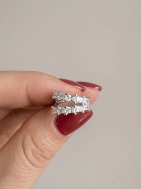 Platinum Plated Baguette Cut Zirconia Double Row Ear Cuff | No Piercing